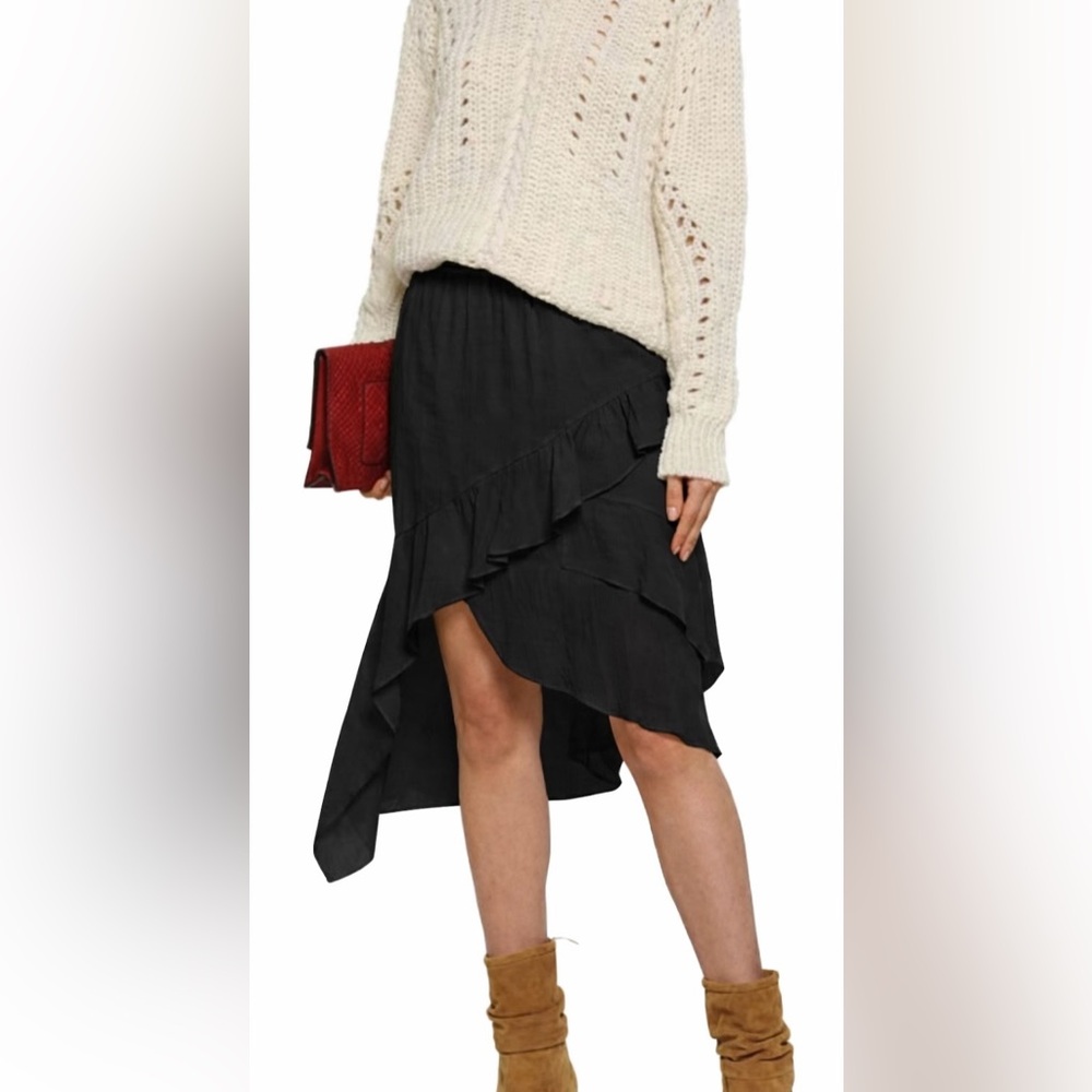 IRO Forites Midi Skirt Black Asymmetrical Gauzy Crinkled Pleated Size 34 / US 2